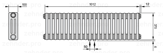 Схема (чертеж) Радиатор Zehnder Charleston 3037/22 №5410 Белый глянцевый RAL 9016